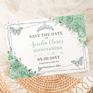 Save The Date Monnaie Vert Floral Argent Quinceanera XV Sucré 16