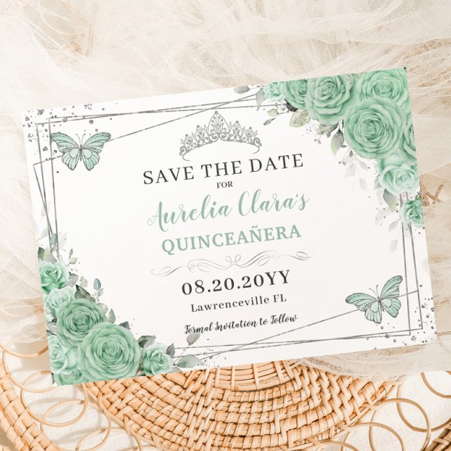 Save The Date Monnaie Vert Floral Argent Quinceanera XV Sucré 16 (Créateur téléchargé)