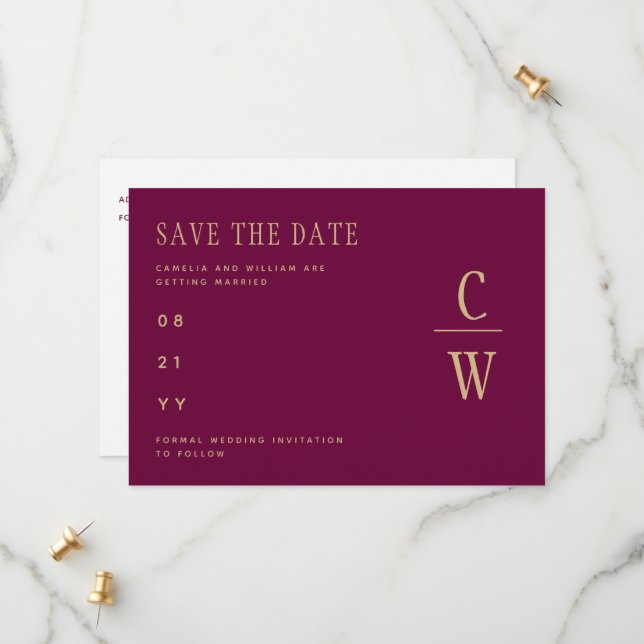 Save The Date Monogram Berry Wine Gold Wedding Enregistrer la da (Devant/Arrière en situation)