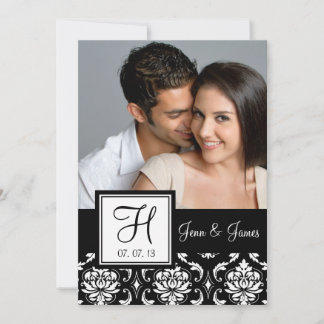 Save The Date Monogram Black Damask Photo Enregistrer la date