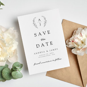 Save The Date Monogram Floral Crest Black & White Mariage