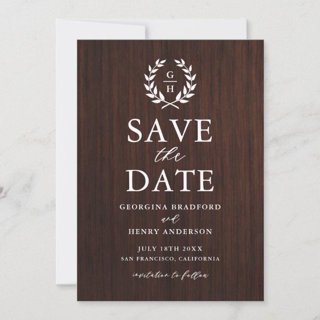 Save The Date Monogram Laurel Wreath Bois rustique Enregistrer l (Devant)