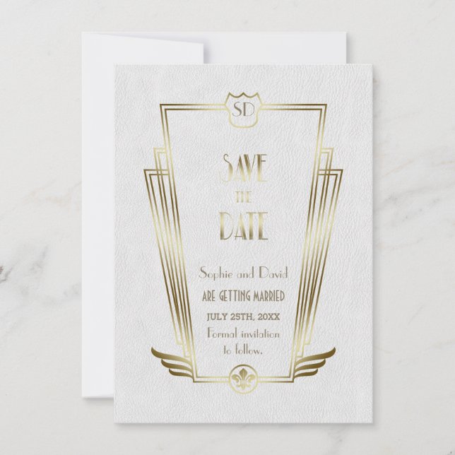 Save The Date Monogramme Art Déco Blanc Or Royal Enregistrer La  (Devant)