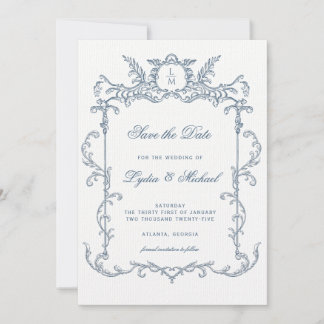 Save The Date Monogramme Baroque Orné Bleu Français Enregistrer 