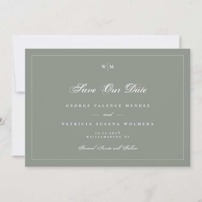 Save The Date Monogramme blanc Sage Green Grey Photo Mariage (Devant)