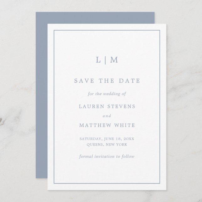 Save The Date Monogramme bleu foncé simple Mariage élégant (Devant / Derrière)