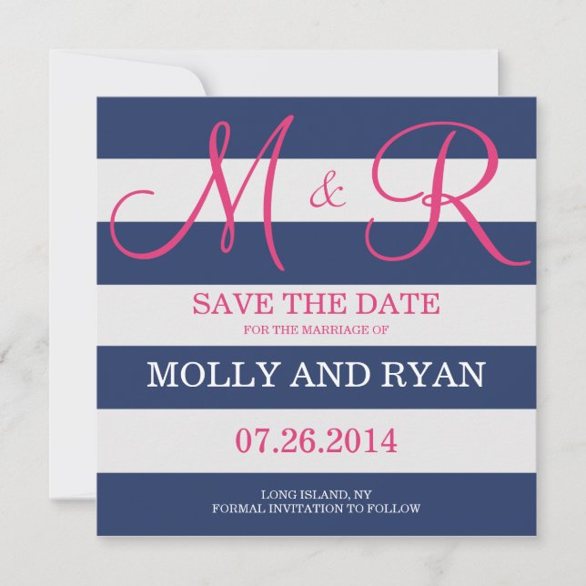 Save The Date Monogramme bleu marine et rose Enregistrer la date (Devant)