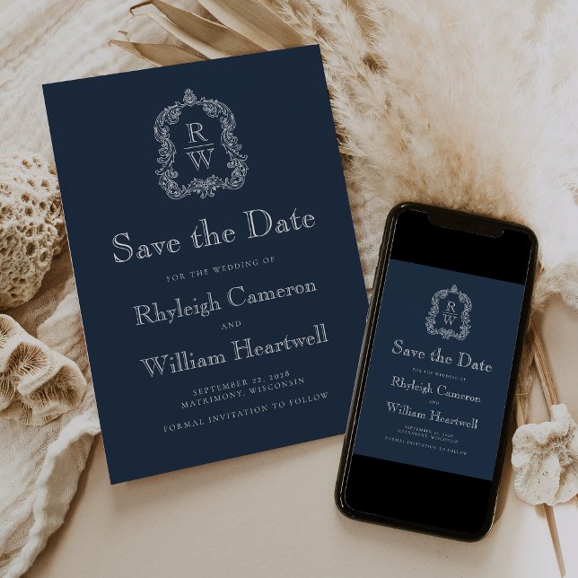 Save The Date Monogramme classique bleu marine à motif de crête  (Créateur téléchargé)