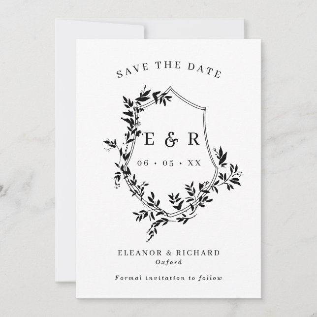 Save The Date Monogramme classique Crest Mariage noir et blanc (Devant)