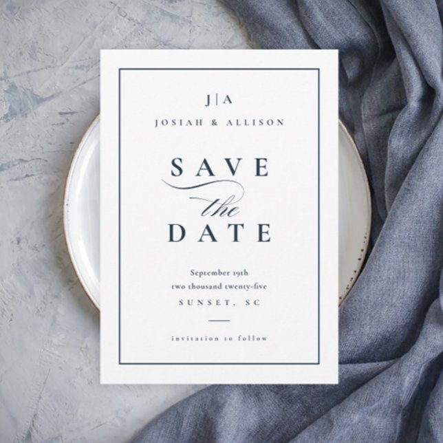 Save The Date Monogramme classique non photo Mariage bleu marine (Elegant Simple Typography Navy Blue Wedding Save the Date.)