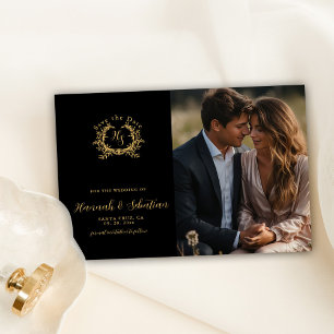 Save The Date Monogramme Crest Photo Mariage Noir/Or