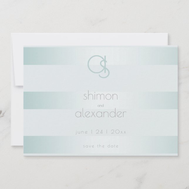 Save The Date Monogramme Cyan Green Shimmerge Stripes (Devant)