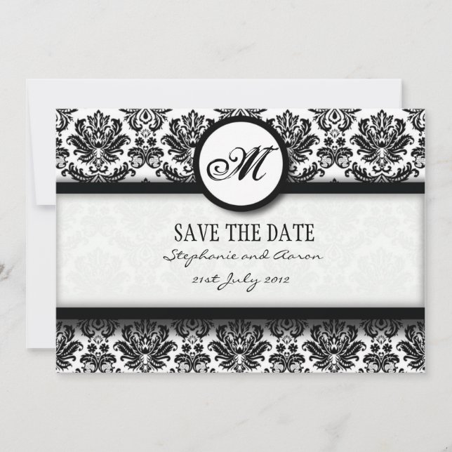 Save The Date Monogramme Damas noir et blanc Enregistrer la cart (Devant)