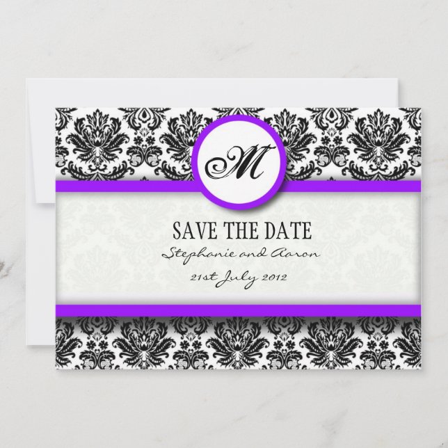 Save The Date Monogramme Damas noir et violet Enregistrer la dat (Devant)
