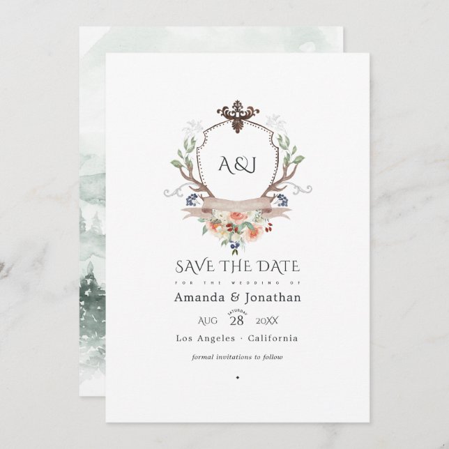 Save The Date Monogramme de bois Laurel Crest Mariage Photo (Devant / Derrière)