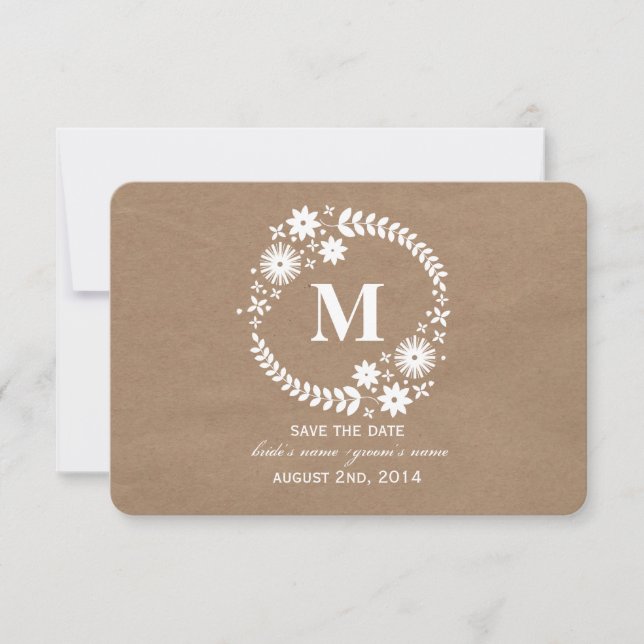 Save The Date Monogramme de couronne blanche inspirée du carton  (Devant)