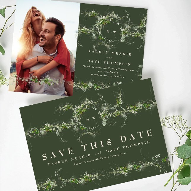 Save The Date Monogramme de couronne d'eucalyptus vert Photo Mar (Créateur téléchargé)