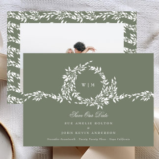 Save The Date Monogramme de couronne Sage Green Classic Mariage