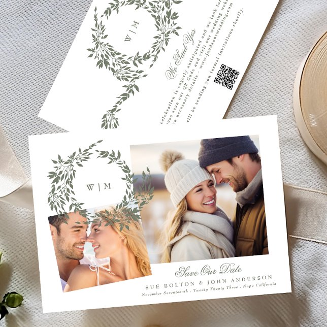 Save The Date Monogramme de couronne Sage Green Deux Mariages ph (Créateur téléchargé)
