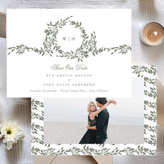 Save The Date Monogramme de couronne Sage vert Élégant mariage p