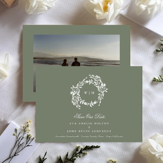 Save The Date Monogramme de couronne Sage vert Élégant mariage p