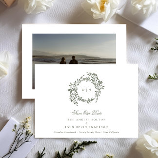 Save The Date Monogramme de couronne Sage Vert Élégant Photo Ret