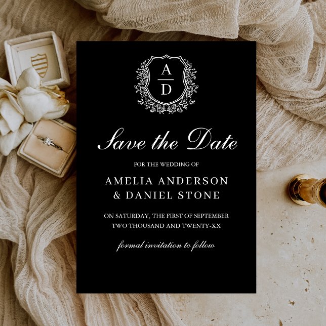 Save The Date Monogramme de crête feuillue Mariage noir blanc (Créateur téléchargé)