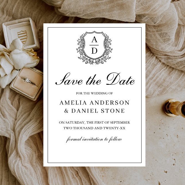Save The Date Monogramme de crête feuillue Mariage noir blanc (Créateur téléchargé)