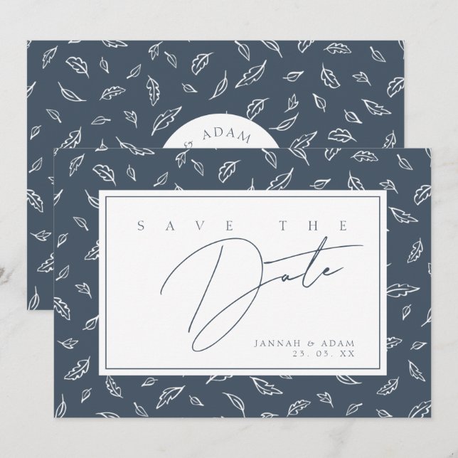 Save The Date Monogramme de feuille de bleu ardoise boho (Devant / Derrière)