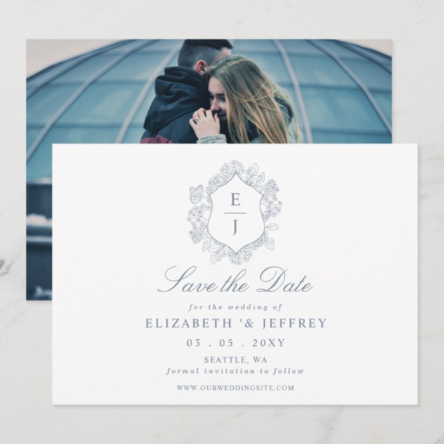 Save The Date Monogramme de la crête florale bleu foncé (Devant / Derrière)