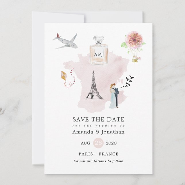 Save The Date Monogramme de mariage à thème Paris aquarelle (Devant)