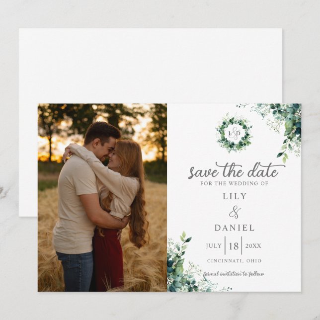 Save The Date Monogramme de mariage photo de verdure d'eucalyptu (Devant / Derrière)