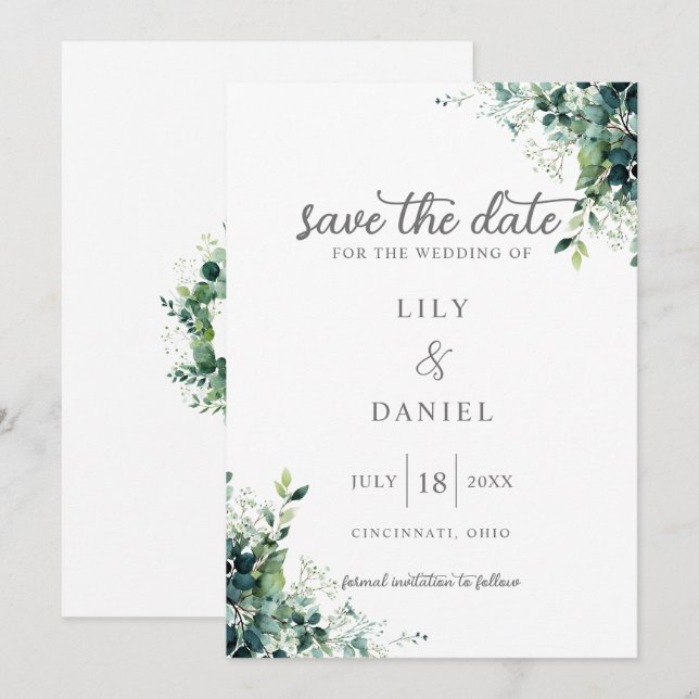 Save The Date Monogramme de mariage rustique eucalyptus verdure (Devant / Derrière)