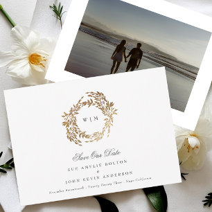 Save The Date Monogramme d'or classique Mariage de crête botaniq