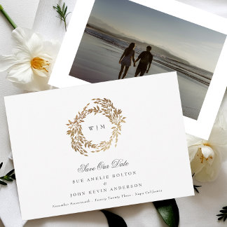 Save The Date Monogramme d'or classique Mariage de crête botaniq