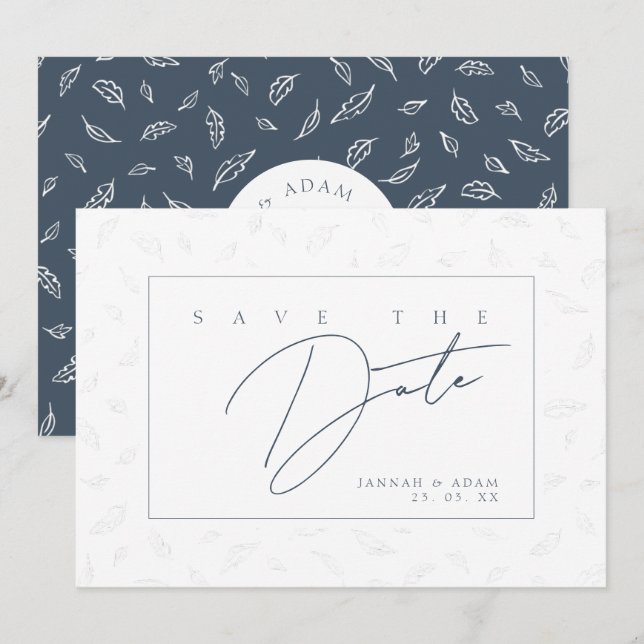 Save The Date Monogramme élégant feuille marine (Devant / Derrière)