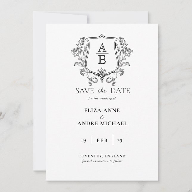 Save The Date Monogramme élégant noir et blanc à feuille de crêt (Devant)