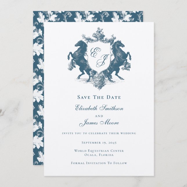 Save The Date Monogramme équestre Chevaux Crest Bleu Turquoise M (Devant / Derrière)