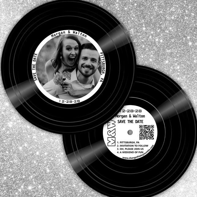 Save The Date Monogramme et Photo de Disque Vinyle  - Blanc (Round vinyl record style photo save the date with QR code)