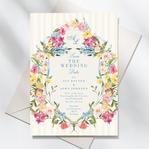 Save The Date Monogramme floral bleu français Vintage Crest