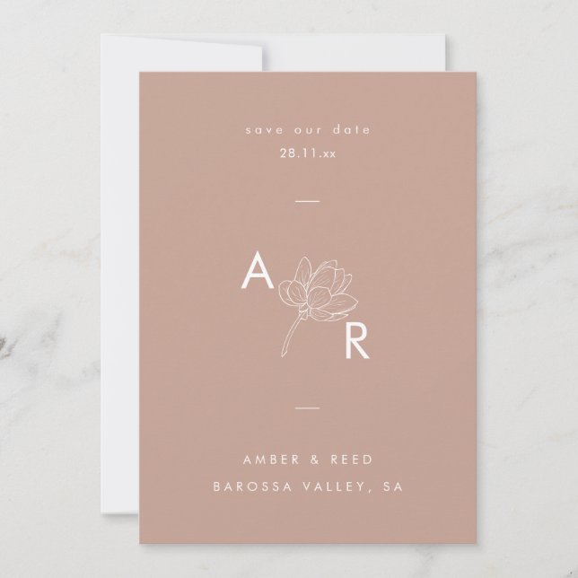 Save The Date Monogramme Floral Moderne Élégant Simple Dusty Ros (Devant)