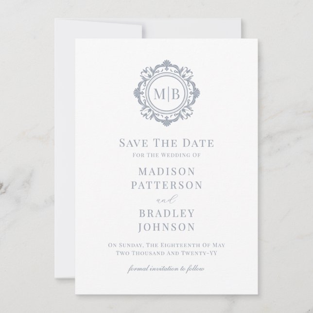 Save The Date Monogramme floral orné Mariage argent (Devant)