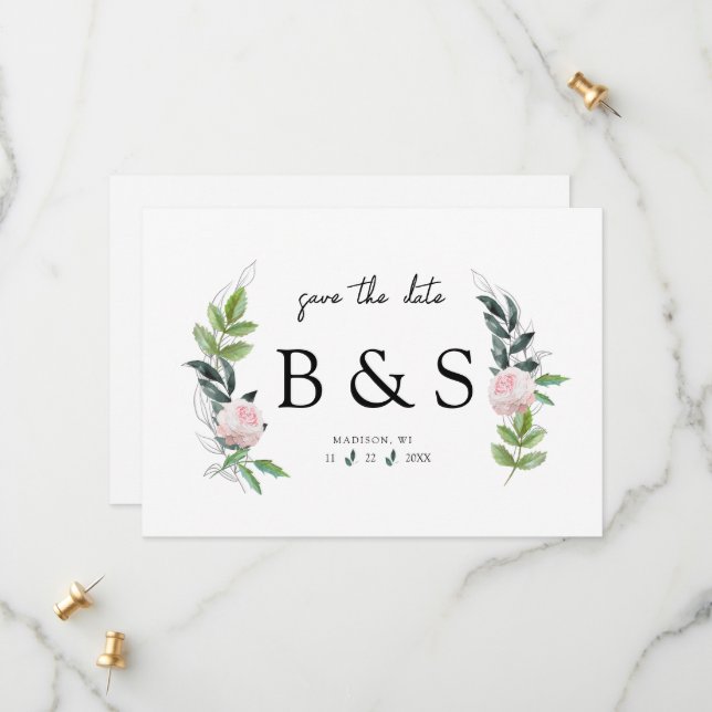 Save The Date Monogramme Floral Rose Simple Enregistrer La Date (Devant/Arrière en situation)