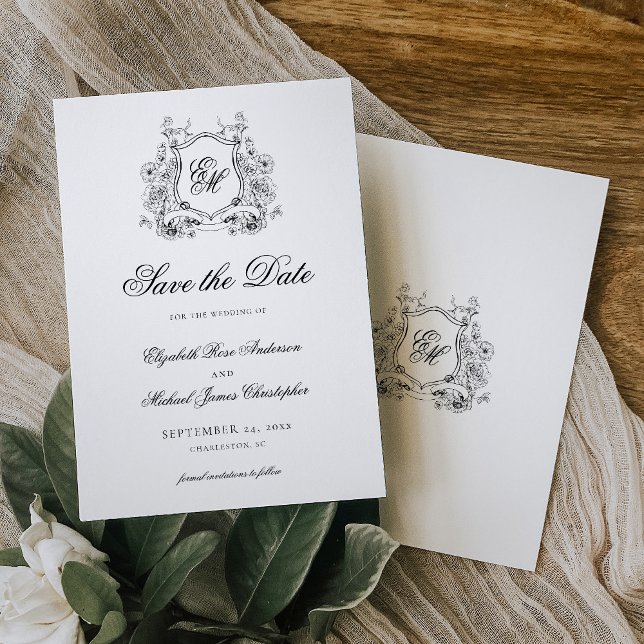 Save The Date Monogramme Formel Floral Crest Mariage Élégant (Créateur téléchargé)