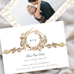 Save The Date Monogramme Gold Crest Classic Elegant Wedding Phot