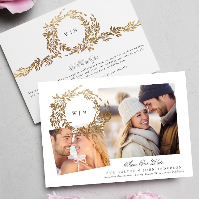 Save The Date Monogramme Gold Wreath Collector Mariage photo (Créateur téléchargé)