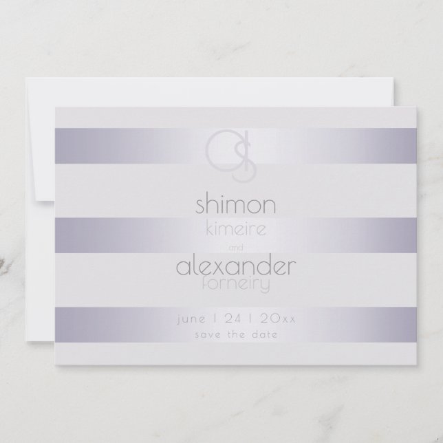 Save The Date Monogramme Moderne Argent Rayures Lilas (Devant)