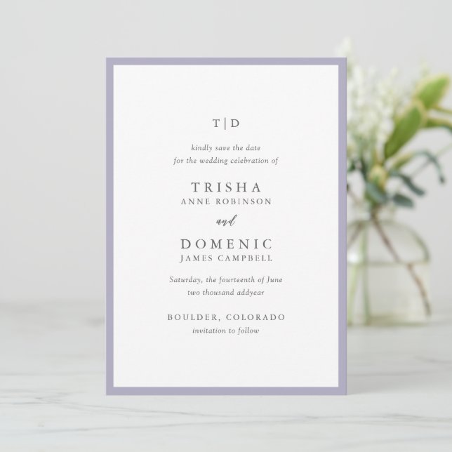 Save The Date Monogramme moderne élégant de mariage au lilas (Debout devant)