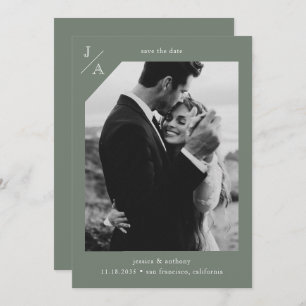 Save The Date Monogramme moderne minimaliste de couleur verte