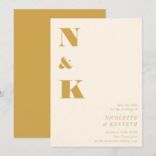 Save The Date Monogramme moderne minimaliste Jaune Gras Mariage (Devant / Derrière)